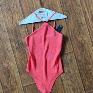Lulu's Coral Ribbed Bodysuit